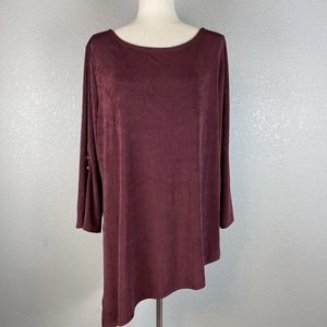 Chico's Travelers Women Asymmetrical Tunic Top 3 16/18 XL Maroon Bell Sleeve